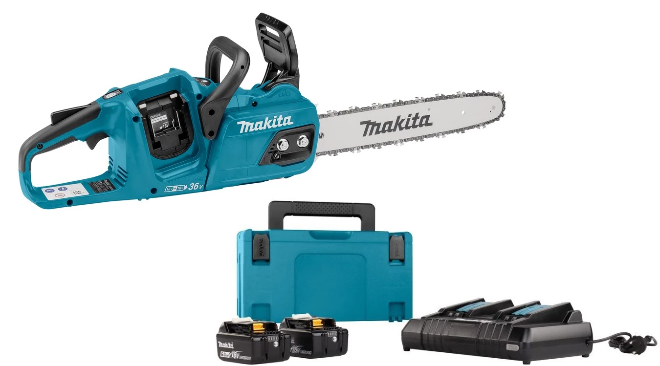 Makita Tronçonneuse Sans Fil DUC355PT4J LXT 2x18 V Accu Tronçonneuse 35 Cm Livrée Avec Kit De Démarrage 197626-8 1 Makita Tronçonneuse Sans Fil DUC355PT4J LXT 2x18 V Accu Tronçonneuse 35 Cm Livrée Avec Kit De Démarrage 197626-8
